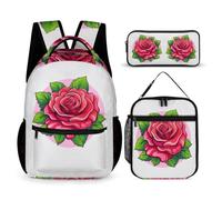 WECECE Zaino Scuola Rose Ragazza Elementare con Sacchetto per Pranzo e Astuccio, Set Zaini Flower Bambini 6-11 Anni, Leggero e Resistente