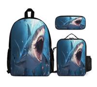 WECECE Zaino Scuola Shark Studenti con Borsa Termica e Astuccio, Borsa Scuola Sea Life Bambina 6-12 Anni per Tempo Libero, Capiente per Libri Quaderni e Accessori Scolastici