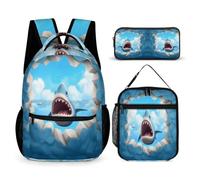 WECECE Zaino Scuola Shark Studenti con Borsa Termica e Astuccio, Set Zaini 3D Ragazza 6-12 Anni per Elementare e Tempo Libero