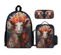 WECECE Zaino Scuola Sheep Bambina per Classe 1-3 con Borsa Termica e Astuccio, Set Zaini Lamb Pattern Ragazzo per Scuola Primaria 6-10 Anni