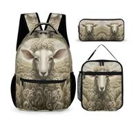 WECECE Zaino Scuola Sheep Bambini con Sacchetto Pranzo e Astuccio, Set Zaini Lamb Print Ragazza per Primaria 6-13 Anni, Leggero per Uso Giornaliero