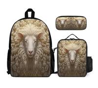 WECECE Zaino Scuola Sheep Pattern Bambina con Borsa Termica e Astuccio Matite, Set Zaini Lamb Bambino per Scuola Primaria 6-12 Anni, Leggero per Lezioni e Viaggio