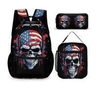 WECECE Zaino Scuola Skeleton American Flag Bambina 3 Pezzi con Borsa Termica e Astuccio, Set Zaini Skull Ragazzo per Primaria 6-10 Anni, Uso Quotidiano