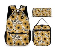 WECECE Zaino Scuola Sunflower Studenti con Borsa Termica e Astuccio, Set Zaini Flower Ragazza 6-12 Anni per Scuola e Viaggio