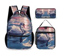 WECECE Zaino Scuola Swan Bambini con Portapranzo e Astuccio Matite, Borsa Scuola White Swan Studenti 8-13 Anni per Tempo Libero