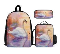 WECECE Zaino Scuola Swan Ragazza 3 Pezzi con Borsa Termica e Astuccio, Set Zaini White Swan Bambini 7-12 Anni per Rientro a Scuola e Uso Quotidiano