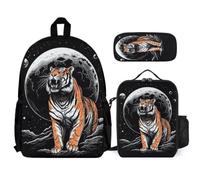 WECECE Zaino Scuola Tiger Bambina con Sacchetto Pranzo e Astuccio Matite, Borsa Scolastica Animal Tiger Studenti 6-12 Anni per Scuola Primaria