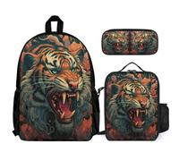 WECECE Zaino Scuola Tiger Ragazzo Elementare con Borsa Termica e Astuccio, Set Zaini Animal Theme Ragazze 8-15 Anni per Scuola Media e Viaggio