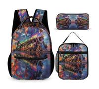 WECECE Zaino Scuola Train Bambini con Sacchetto Pranzo e Astuccio, Set Zaini Railway Train Ragazza per Primaria 6-13 Anni, Leggero per Uso Giornaliero