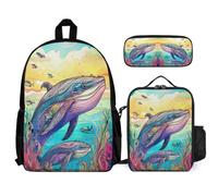 WECECE Zaino Scuola Whale Bambina con Sacchetto Pranzo e Astuccio Matite, Borsa Scolastica Sea Life Studenti 6-12 Anni per Scuola Primaria
