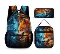 WECECE Zaino Scuola Wolves Ragazzi 3 Pezzi con Borsa Termica e Astuccio, Zainetto Animal Wolf Ragazza 7-13 Anni per Uso Quotidiano e Viaggio, Tasche Laterali Porta Bottiglia