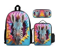 WECECE Zaino Scuola Zebra Ragazzo Elementare con Borsa Termica e Astuccio, Set Zaini 3D Animal Ragazze 8-15 Anni per Scuola Media e Viaggio