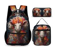 WECECE Zaino Sheep Bambini 3 Pezzi con Sacchetto per Pranzo e Astuccio Matite, Zainetto Lamb Pattern Bambina per Scuola Elementare 6-11 Anni