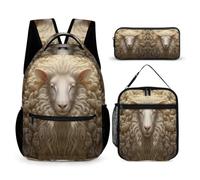 WECECE Zaino Sheep Pattern Bambino 3 Pezzi con Borsa Termica e Astuccio, Set Zaini Lamb Bambina Classe 3-5 per Scuola Primaria, Capiente per Libri Quaderni e Accessori Scolastici