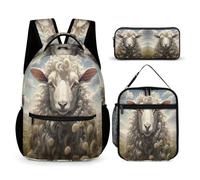 WECECE Zaino Sheep Scuola Elementare Ragazzi 3 Pezzi, Set Zaini Lamb Bambina Set 6-15 anni con Sacchetto per Pranzo e Astuccio Matite, Zainetto Ragazza per Scuola