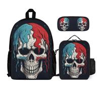 WECECE Zaino Skull Scuola Elementare Bambina 3 Pezzi, Set Zaini Skeleton Ragazzi Set 6-14 anni con Sacchetto per Pranzo e Astuccio Matite, Zainetto Ragazza per Scuola