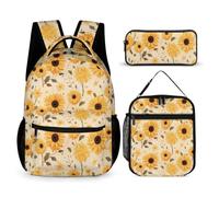 WECECE Zaino Sunflower Bambino 3 Pezzi con Borsa Termica e Astuccio, Set Zaini Flower Bambina Classe 3-5 per Scuola Primaria, Capiente per Libri Quaderni e Accessori Scolastici