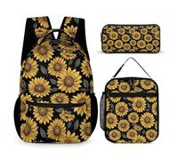 WECECE Zaino Sunflower Bambino con Borsa Termica e Astuccio, Zaino Scuola Flower Studenti per Classe 3-5, Scuola Primaria 8-13 Anni