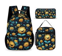 WECECE Zaino Sunflower Ragazzo Primaria con Sacchetto per Pranzo e Astuccio, Set Zaini Flower Bambina 7-14 Anni per Viaggio e Lezioni