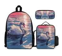 WECECE Zaino Swan Ragazzi Scuola Primaria 3 Pezzi con Borsa Termica e Astuccio, Zainetto White Swan Bambina 8-13 Anni per Uso Quotidiano