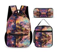 WECECE Zaino Train Ragazze con Borsa Termica e Astuccio, Zaino Scuola Railway Train Bambino per Elementare 6-12 Anni, Leggero per Studio e Viaggio