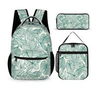 WECECE Zaino Tropical Leaves Ragazzi con Sacchetto per Pranzo e Astuccio, Zainetto Botanical Print Bambina per Classe 2-5, Scuola Primaria 8-13 Anni