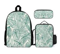 WECECE Zaino Tropical Leaves Scuola Elementare Bambina 3 Pezzi, Set Zaini Botanical Print Ragazzi Set 6-14 anni con Sacchetto per Pranzo e Astuccio Matite, Zainetto Ragazza per Scuola