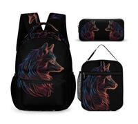 WECECE Zaino Wolf Bambino 3 Pezzi con Borsa Termica e Astuccio, Set Zaini Animal Wolves Bambina Classe 3-5 per Scuola Primaria, Capiente per Libri Quaderni e Accessori Scolastici