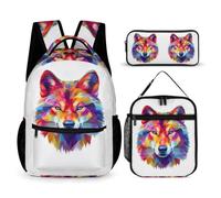 WECECE Zaino Wolf Bambino 3 Pezzi con Borsa Termica e Astuccio, Set Zaini Animal Wolves Bambina Classe 3-5 per Scuola Primaria, Capiente per Libri Quaderni e Accessori Scolastici
