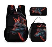 WECECE Zaino Wolf Bambino con Borsa Termica e Astuccio, Zaino Scuola Animal Wolves Studenti per Classe 3-5, Scuola Primaria 8-13 Anni