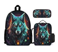 WECECE Zaino Wolve Ragazze Scuola Elementare con Borsa Termica e Astuccio, Zaino Scuola Animal Wolf Bambino 6-12 Anni per Uso Giornaliero