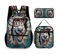 WECECE Zaino Zebra Scuola Elementare Bambina, 3 Pezzi Zaino per Ragazzi con Borsa per il Pranzo e Astuccio, Zaini Animal 3D Ragazza Traspirante Scuola Primaria e Media