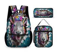 WECECE Zaino Zebra Scuola Elementare Bambino 3 Pezzi, Set Zaini Animal 3D Bambina Set 6-11 anni con Sacchetto per Pranzo e Astuccio per Matite, Zainetto Ragazza Scuola