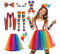 Weciau Costume arcobaleno da donna, 7 pezzi, gonna arcobaleno, gonna in tulle, colorata da donna con fascia in piuma, bretelle guanti, calzini Bow Tie orecchini, gonna a pioggia anni '50, per