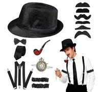 Weciau Costume da uomo, anni '20, accessori anni '20, abbigliamento da uomo con classico, orologio da tasca, papillon, bretelle e barba, costume Peaky Blinders, costume da mafia per carnevale, nero