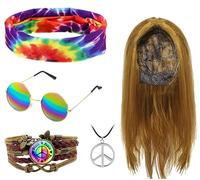 Weciau Hippie Costume da uomo, Carnevale hippie donna, accessori HIppie parrucca occhiali da sole collana ciondolo batik fascia fascia hippie, abbigliamento da uomo, costume anni '70 per cosplay feste