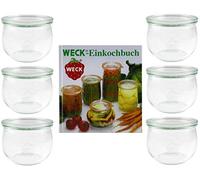 Weck 42578 - Set di 6 vasetti per conserve con ricettario, 144 pagine; vetro a tulipani da 500 ml; bordo rotondo da 100 mm, per conservare le scorte