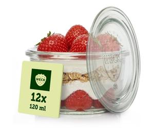 Weck Bicchieri da 165 ml - Set da 12 pezzi con coperchi - Forma a goccia - Bicchieri da dessert robusti e impilabili - vasetti per conserve - Piccoli - Sveglia ideale per dessert - Made in Germany