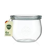 Weck RR100 - 6 vasetti per conserve da 500 ml, con coperchio in vetro, anelli e ganci, a forma di petalo, in confezione originale Weck
