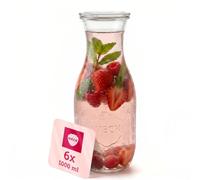 Weck Bottiglie di vetro da 1062 ml, set da 6 pezzi, in vetro con coperchi in vetro da riempire, come bottiglia d'acqua da 1 litro, caraffa in vetro con coperchio o per cuocere e regalare
