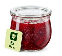 Weck RR100 - 6 vasetti per conserve da 500 ml, con coperchio in vetro, anelli e ganci, a forma di petalo, in confezione originale Weck