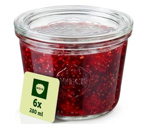 Weck Set di 6 bicchieri da 280 ml con coperchio, a forma di goccia, robusti, impilabili, ideali per preparare cibo, avena, dessert e marmellate, riutilizzabili, prodotti in Germania