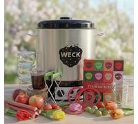 WECK Set Master con macchina per la cottura automatica WAT25-A, rubinetto di scarico e timer sincronizzato, con 18 barattoli WECK, libro di cottura, sollevatore per bicchieri, anelli e clip, per