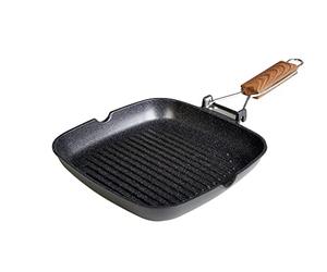 WECOOK! Ecochef Titanio Bistecchiera Ondulata, Induzione, 20x20cm, Antiaderente QUANTANIUM Ecologico senza PFOA, Alluminio Fuso, 5mm di Spessore, Manico in Legno Pieghevole, Vitroceramica, Gas