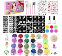 WECUTE, Set Tatuaggi Glitter, Tatuaggi Glitter Bambina-30 Colori, 189 Stencil Tattoo, 5 Pennelli, 3 Colla,Kit Trucco Glitter per Bambini, Regali per Ragazzi e Ragazze per Natale, Carnevale