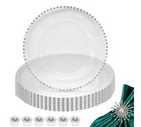 WedDecor Set di 6 sottopiatti e portatovaglioli, centrotavola in vetro trasparente con perline e perle con anelli portatovaglioli con strass, per feste, cene, decorazioni per eventi, colore: argento