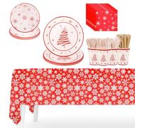 WedDecor Set di stoviglie usa e getta per feste natalizie, 138 pezzi, include piatti, bicchieri, cannucce, tovaglioli, tovaglia rettangolare natalizia e posate in legno per 16 ospiti, tema natalizio