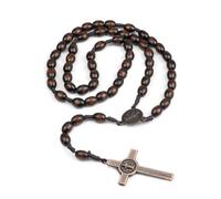 WeddHuis Collana Rosario in Legno Naturale Catena di Preghiera Cattolica Croce di Gesù Cristo Medaglia di San Benedetto per Cristiani Cattolici Comunione Battesimo Messa Bibbia