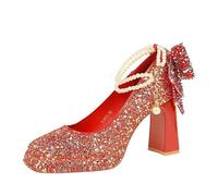 Wedding Banquet Sweet Pearl One-Length High Heels Women's Rhinestone Bow Square Head Platform Thick Heel Shoes(9983-H80TP Red,35)