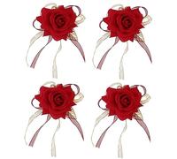 Wedding Supplies 4pcs Set Realistic Rose Brooch for Bride Groom Bridesmaid Flower Girl Dec